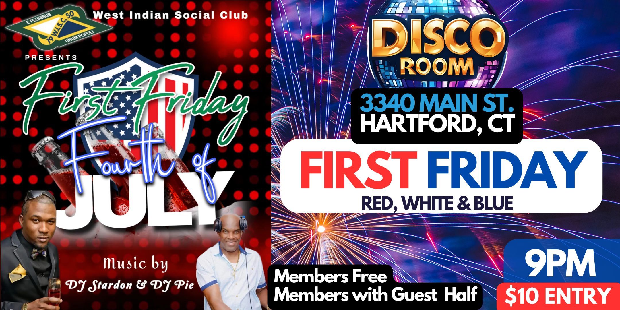Flyer of 2025 4th of July - First Friday at the Social Club. - Happy Independence Day