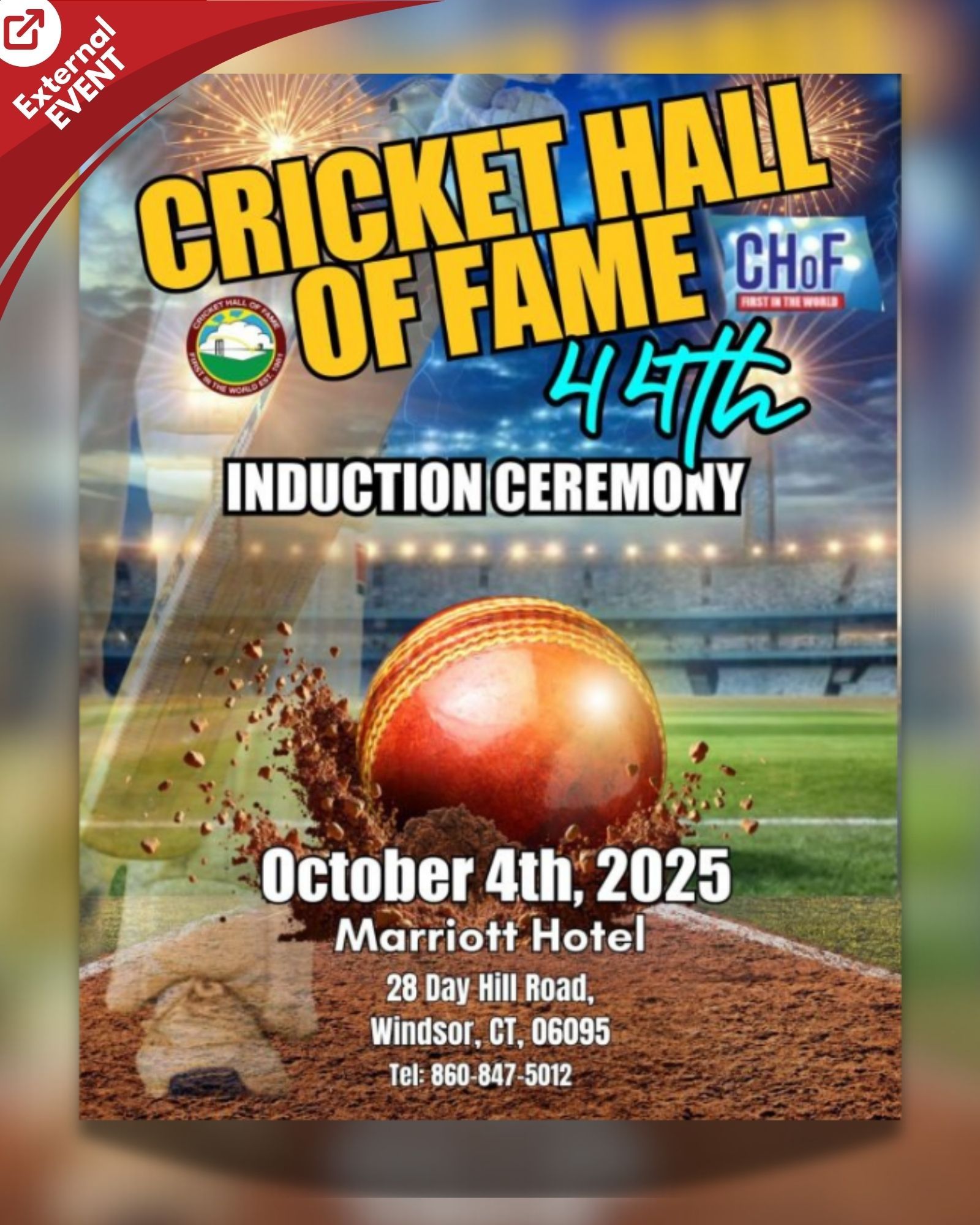 Saturday, October 4th, the Cricket Hall of Fame celebrates its 44th Induction Ceremony at the Marriott Hotel, 28 Day Hill Road, Windsor, CT.