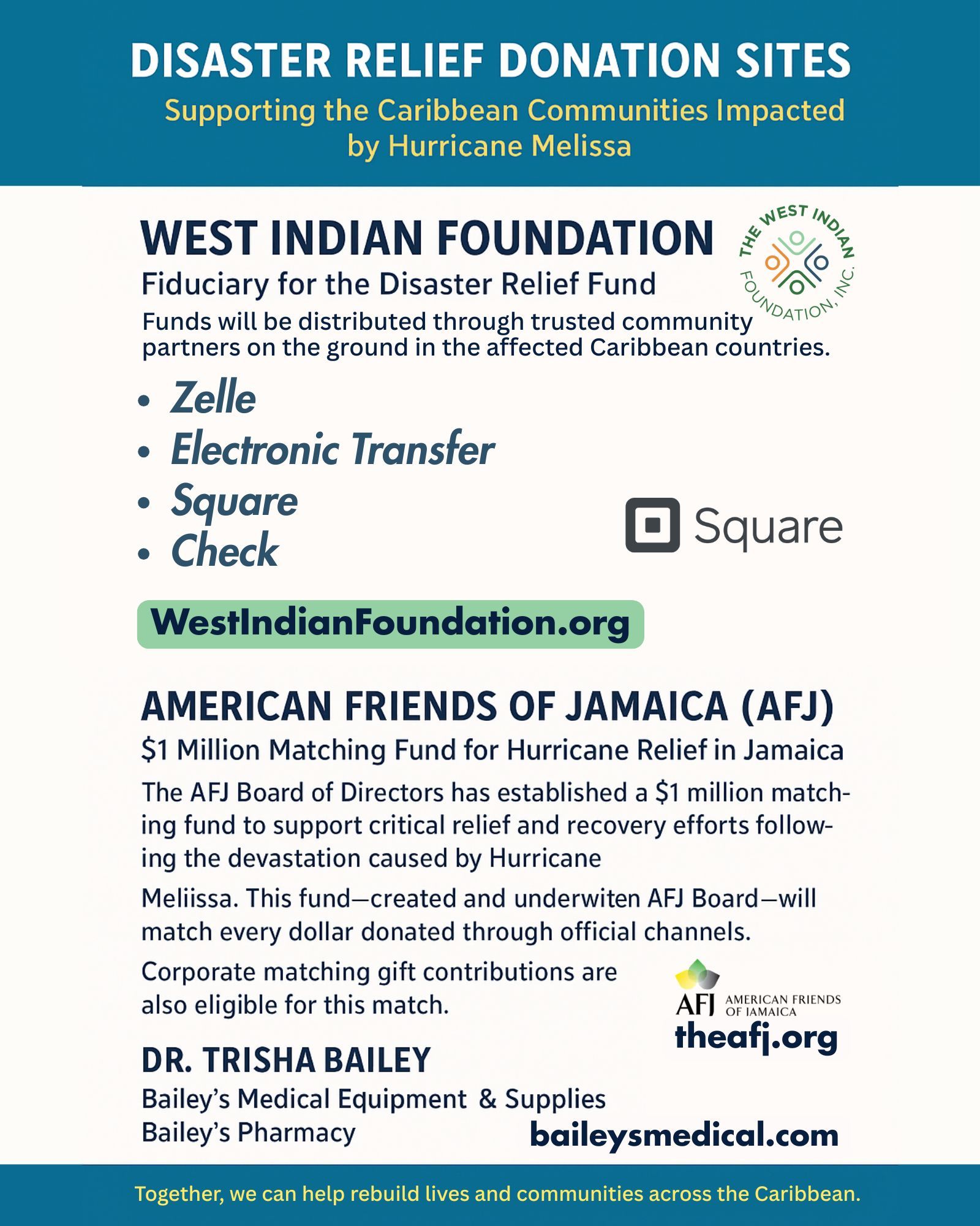 2025 Hurricane Melissa - - Financial/ Other Donation options 2025 Hurricane Melissa - - Financial/ Other Donation options