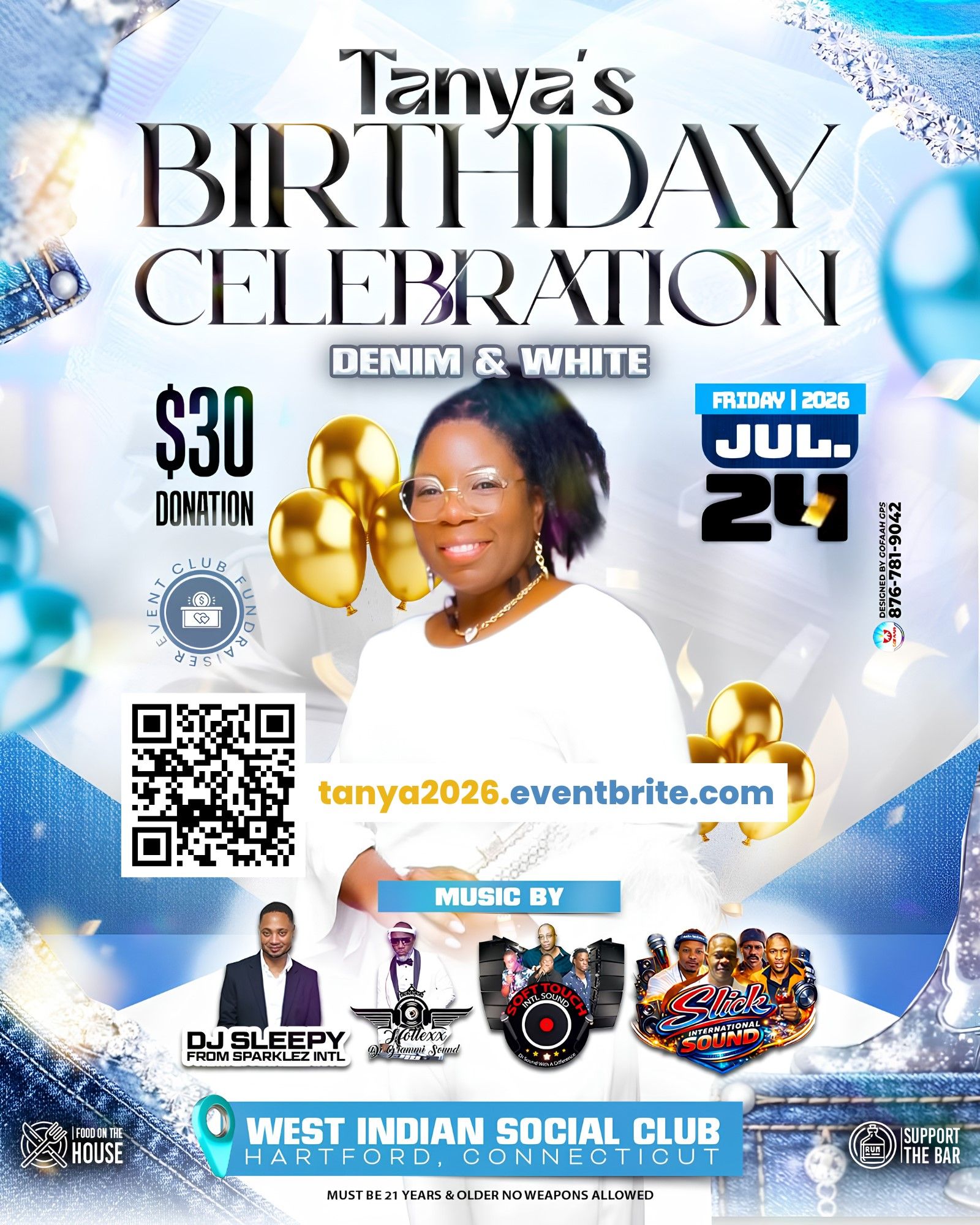 Tanya's Birthday Celebration - Denim & White - Social Club Fundraiser Event - Flyer